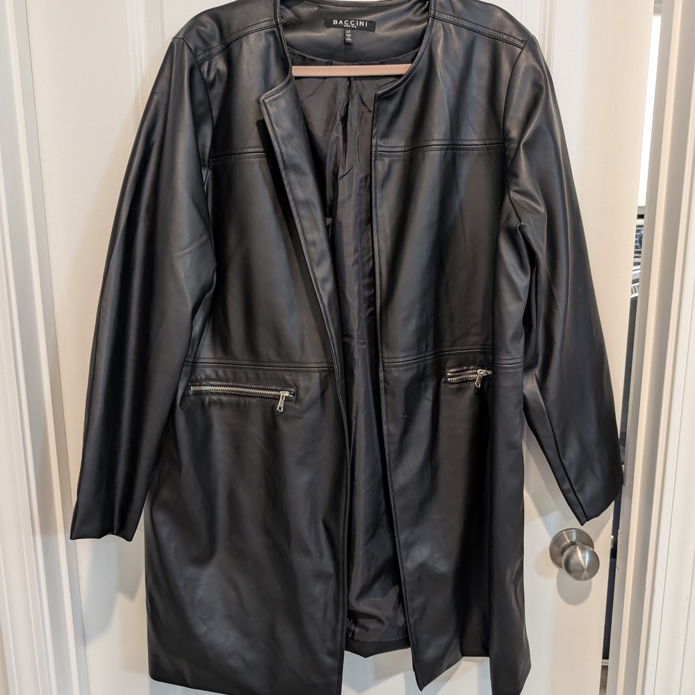 Baccini Black Faux Leather Longline Coat with Zip Pockets